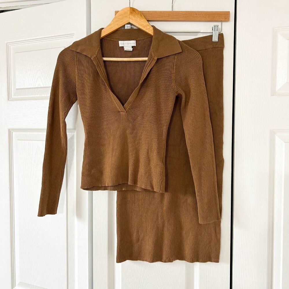 House of Harlow 1960 Ribbed Knit Collared Top & Midi Skirt Set Brown S EUC